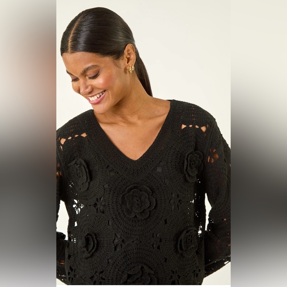 Source Unknown Black Crochet V-Neck Sweater